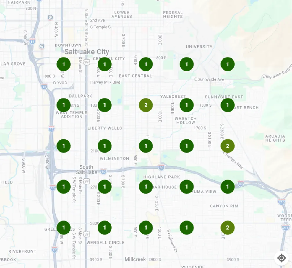 Local Falcon Salt Lake City map for Sound Bath: 22 grid points rank first and three rank second.