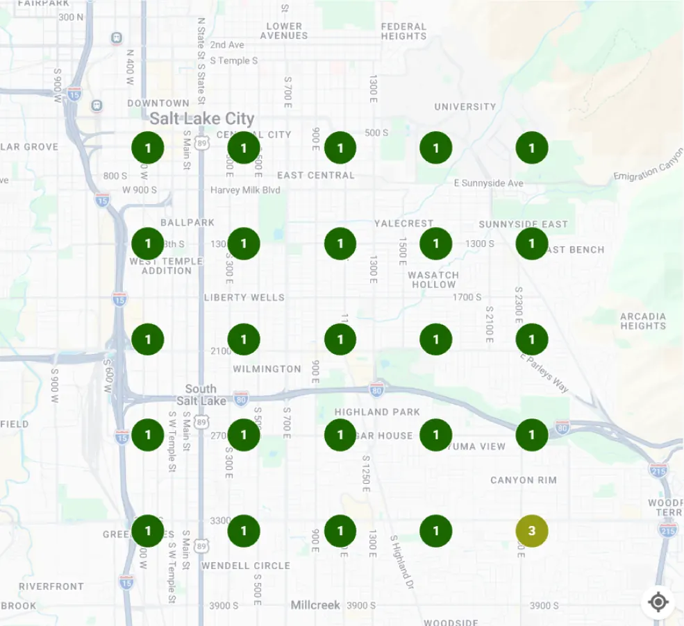 Local Falcon Salt Lake City map for Sound Healing: 24 grid points rank first and one ranks third.